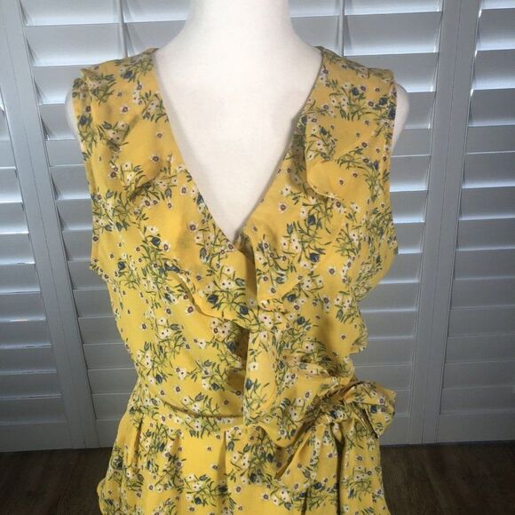 Max Studio Women's Yellow Floral Surplice Ruffle Peplum Top Tie at Waist Small - Picture 5 of 11